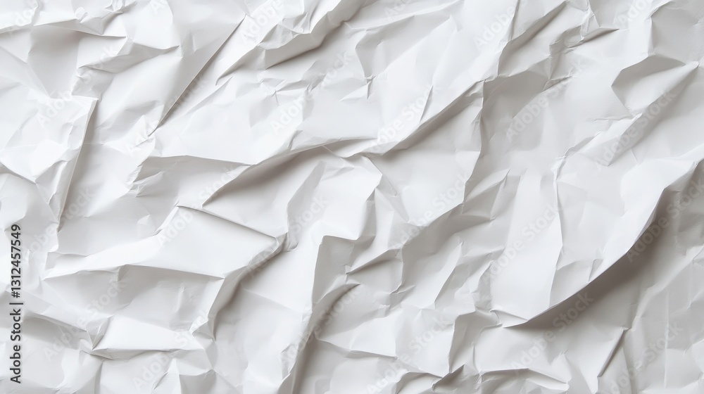 White Crumpled Paper Texture Abstract Background, Monochrome, Close-up, Full Frame, Wrinkled, Creased Texture, Background White Crumpled Paper Texture Abstract Background, Monochrome, Close-up, Full Frame, Wrinkled, Creased Texture, Background