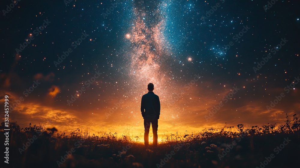 Fototapeta premium faith heavenly background man standing in the middle of the space and looking at the heavens