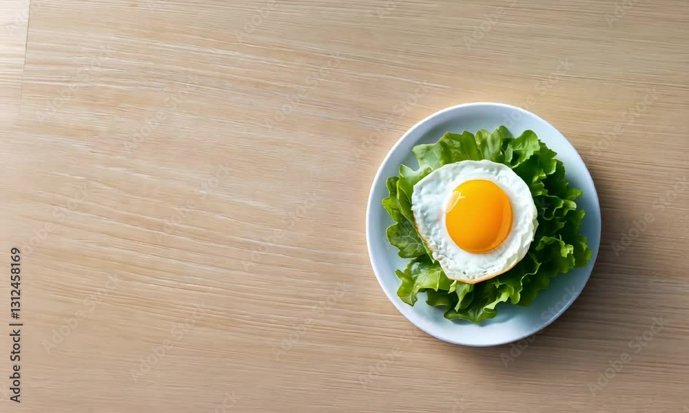 A vibrant plate featuring a perfectly cooked sunny-side-up egg on a bed of fresh green lettuce, set against a natural wood background, ideal for healthy eating themes. A vibrant plate featuring a perfectly cooked sunny-side-up egg on a bed of fresh green lettuce, set against a natural wood background, ideal for healthy eating themes.
