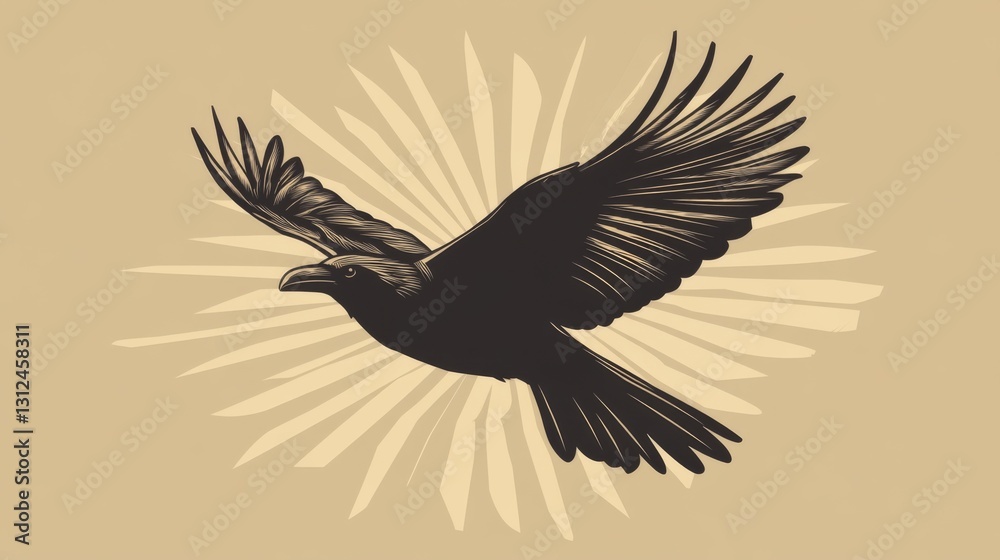 Fototapeta premium Dark bird in flight with stylized wings on beige background for art print or design