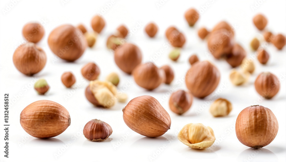 Hazelnuts Flying Isolated on a White Background, Highlighting Their Natural Appeal Hazelnuts Flying Isolated on a White Background, Highlighting Their Natural Appeal