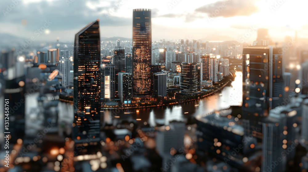 Aerial view of a city skyline at dusk with lights shining