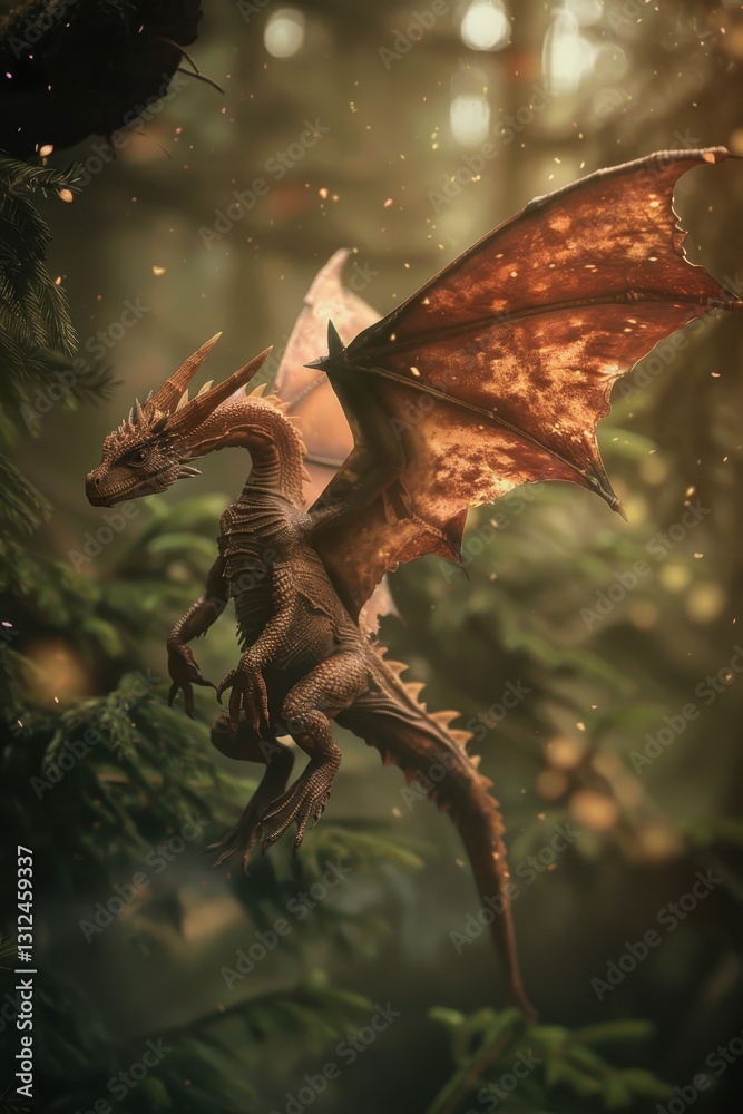 Obraz premium Majestic dragon soaring over enchanted forest fantasy art magical realm
