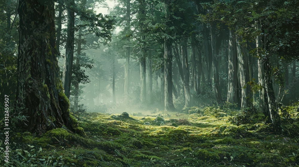 Obraz premium Sunlit path through a misty, mossy forest.