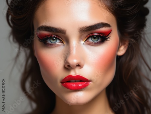 Fashion model showing avant-garde beauty with geometric eyeliner and bold red lipstick