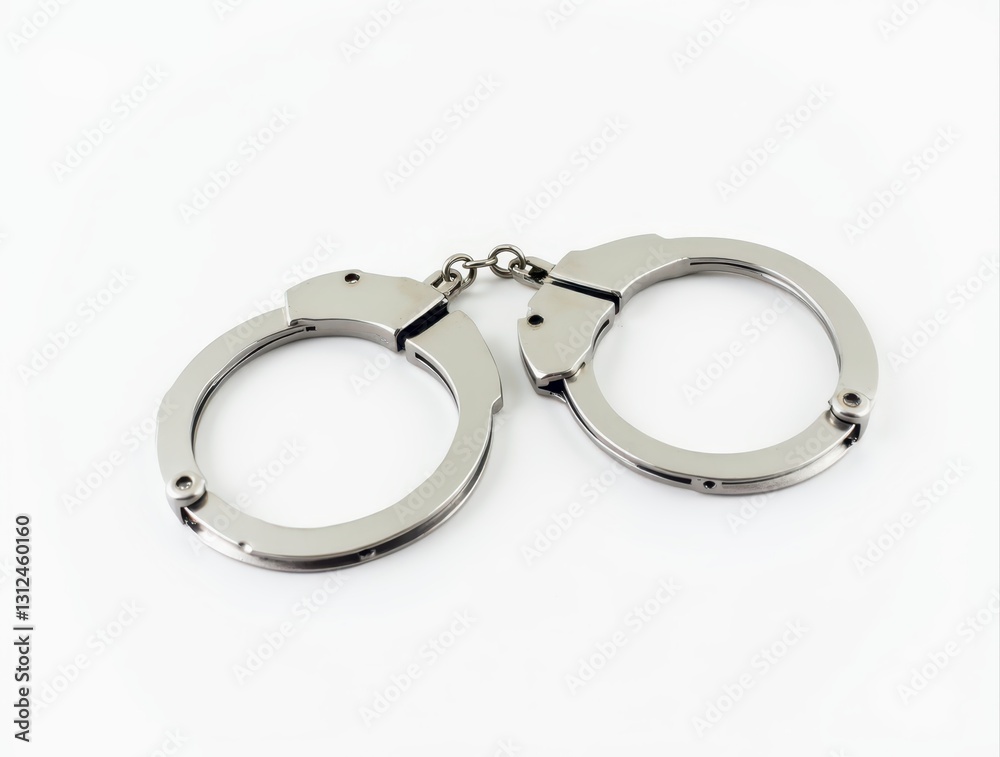Shiny metal handcuffs on white background Shiny metal handcuffs on white background