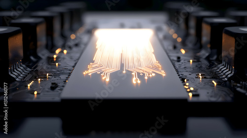 Glowing circuits and electronic components arranged on a motherboard
