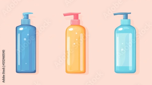 Colorful pump dispenser bottles on pastel background for personal care and beauty products