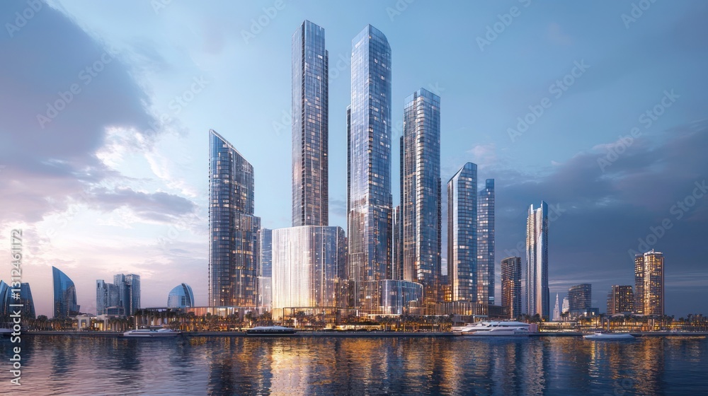 Obraz premium Modern skyscrapers at sunset reflected in water.