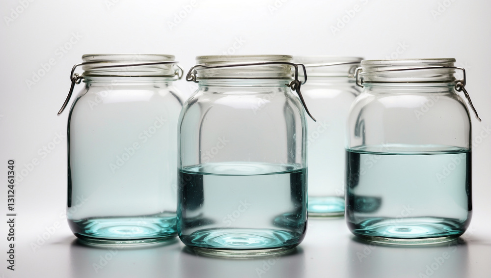 A Set of Glass Jars Filled with Clear Liquid, Ideal for Home Decor and Storage A Set of Glass Jars Filled with Clear Liquid, Ideal for Home Decor and Storage