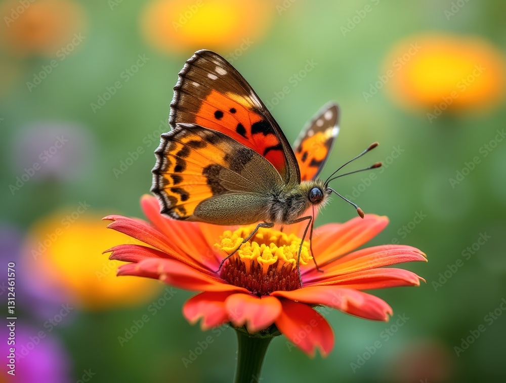 Butterfly feeding on a red zinnia flower in a colorful garden Butterfly feeding on a red zinnia flower in a colorful garden