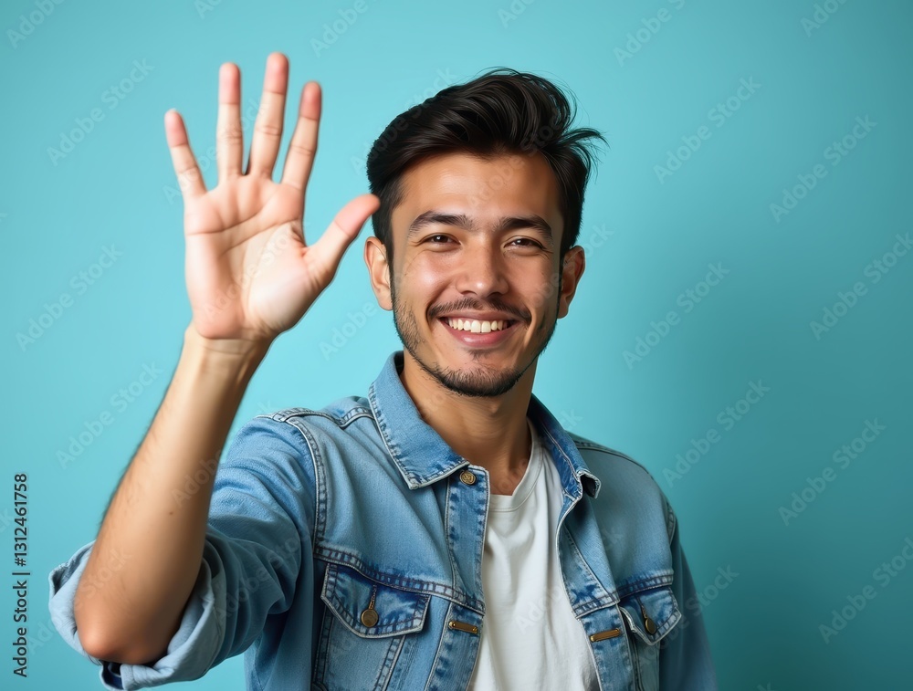 Young Man Showing Five Fingers with Open Hand Smiling on Turquoise Background Young Man Showing Five Fingers with Open Hand Smiling on Turquoise Background