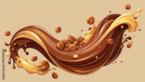 Silky milk chocolate wave mid-air with crushed hazelnuts scattering, pastel beige background