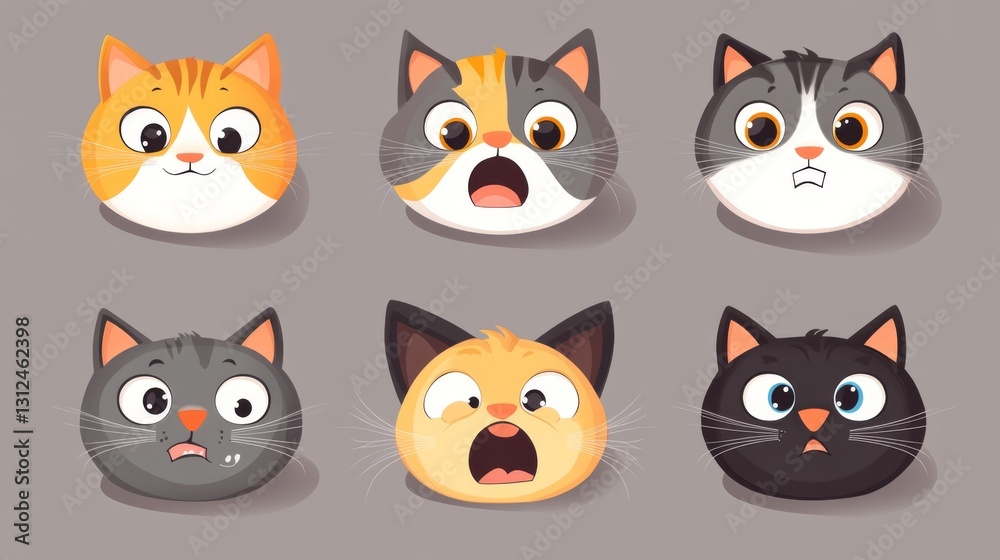 Fototapeta premium Cute cartoon cat faces with various expressions on gray background