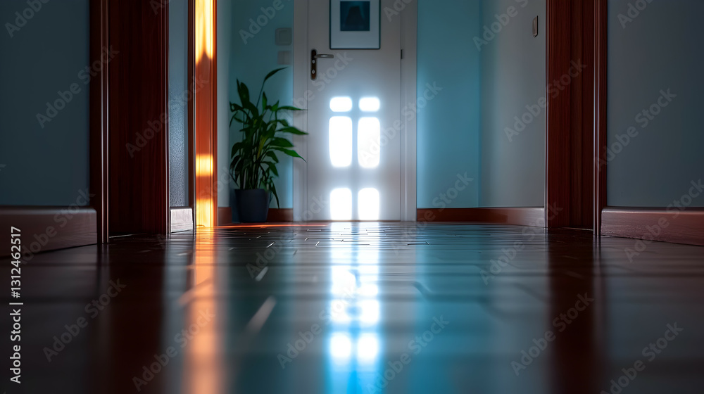 A bright hall with a door and beautiful wooden floors