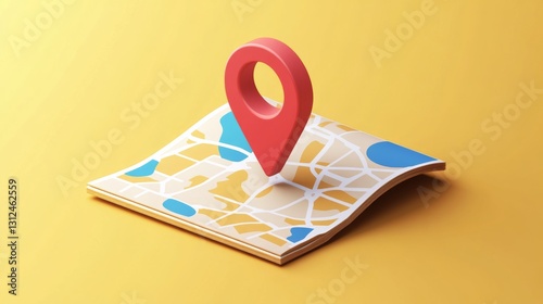 Navigation concept with map and location pin on yellow background for travel and planning