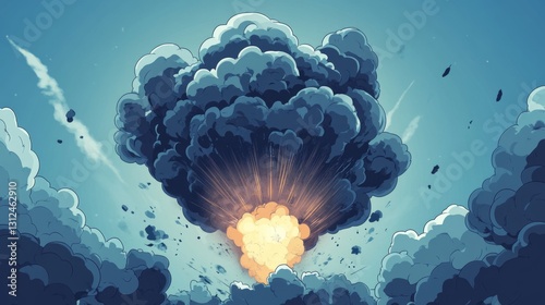 Dramatic explosion amid clouds captured in stylized cartoon art