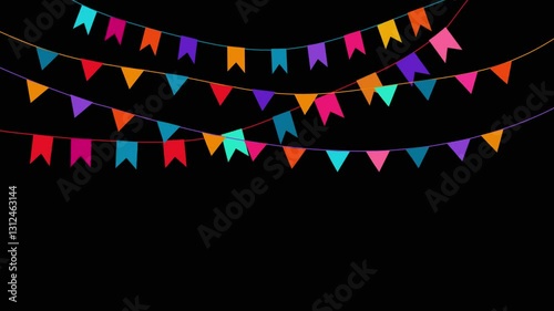 Festive colorful flags decorations for holi, flutter in the wind. Flat loop animation without background.