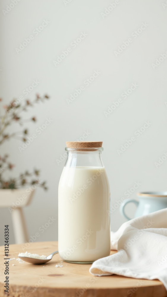 A glass bottle of fresh milk with a cork lid on a wooden table. A glass bottle of fresh milk with a cork lid on a wooden table.