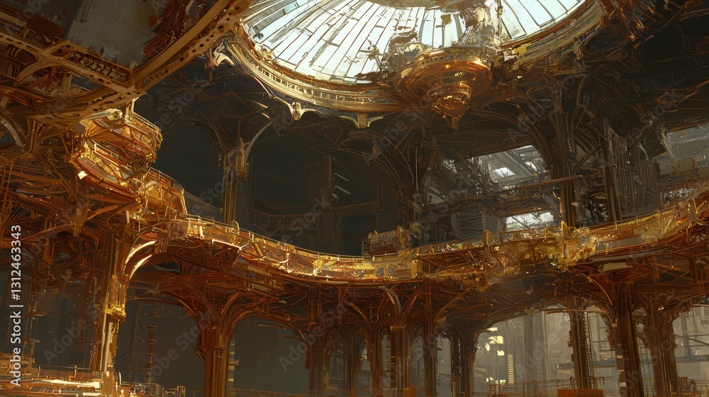 Obraz premium Intricate Steampunk Interior with Golden Details and Skylight Design