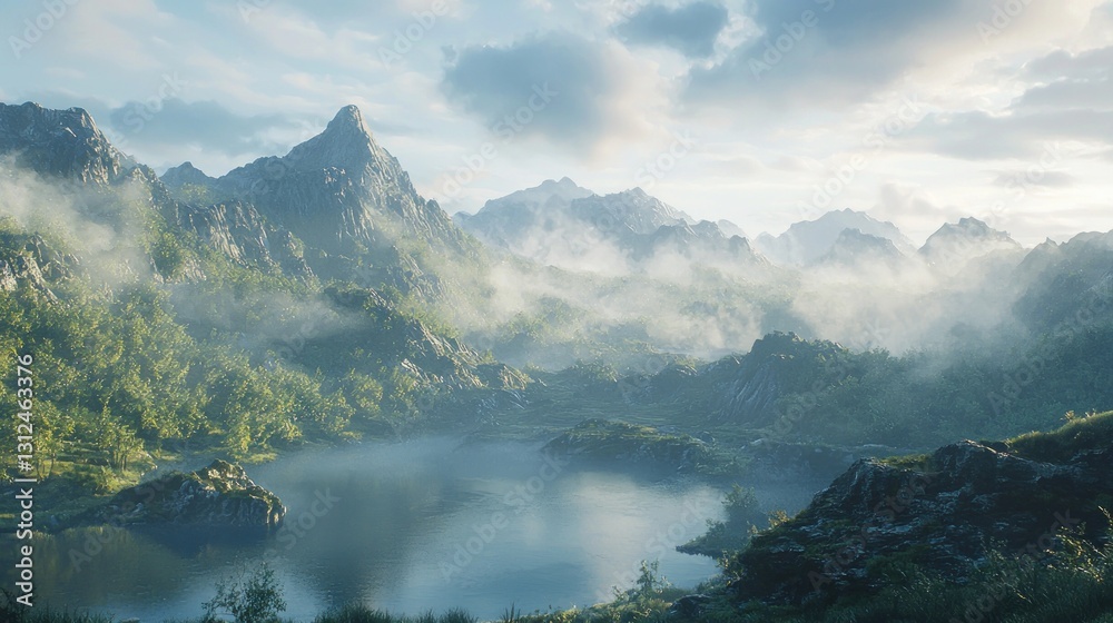 Obraz premium Misty mountain lake at sunrise.