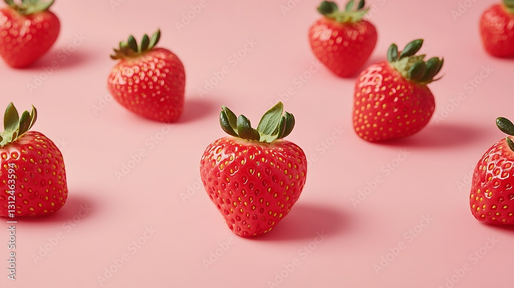 Strawberries scattered on pink background, for healthy eating, snack, or dessert concepts Strawberries scattered on pink background, for healthy eating, snack, or dessert concepts