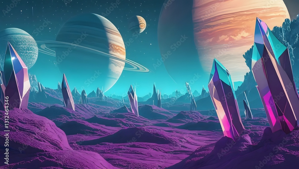 Obraz premium Multiple planets dominate the sky, including a large ringed planet with craters and two smaller celestial bodies against a deep space backdrop