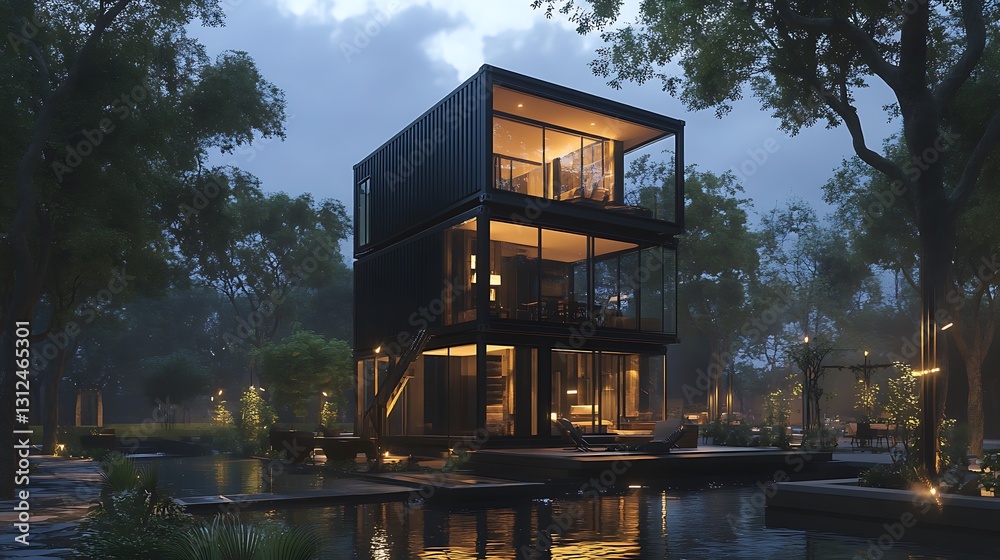 A container home featuring a unique stacked design with glass floors and dark exterior panels, creating a floating effect A container home featuring a unique stacked design with glass floors and dark exterior panels, creating a floating effect