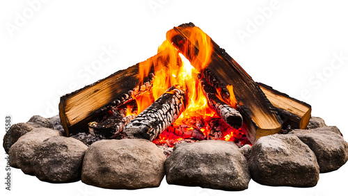 Realistic and Detailed Illustration of a Campfire with Burning Logs and Stone Border