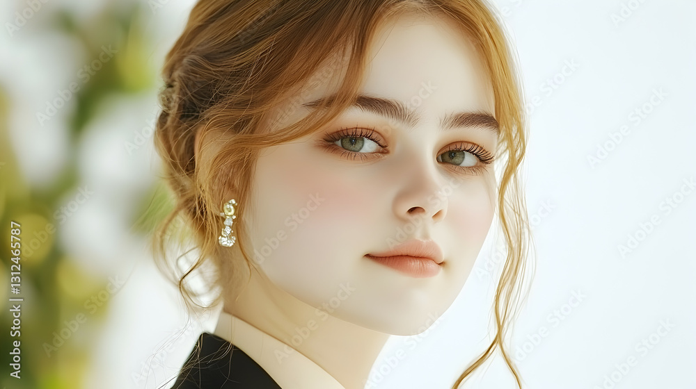 A beautiful young woman is seen looking towards the camera