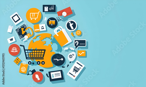 Colorful E-commerce and Shopping Icons Around a World Globe Design