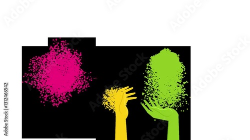 Hands throw colorful holi powder into the air celebrating the holi festival. Flat loop animation without background.