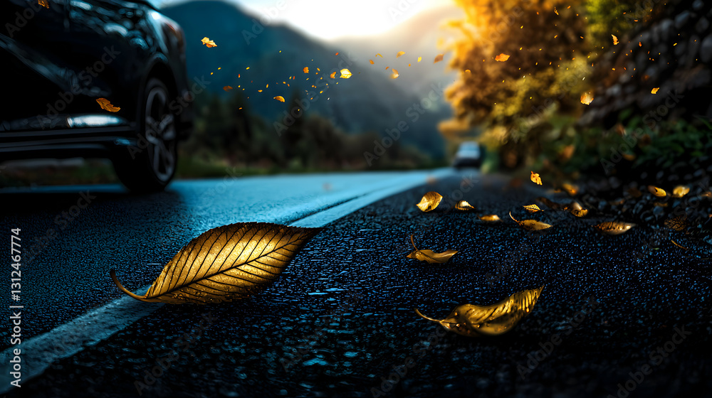 A road scene featuring a car leaves and a mountain background