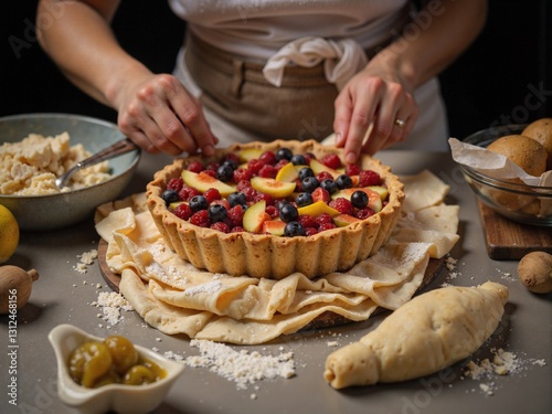 Close-up of hands preparing a homemade berry tart with fresh raspberries, blueberries, and peaches, perfect for baking and food photography enthusiasts