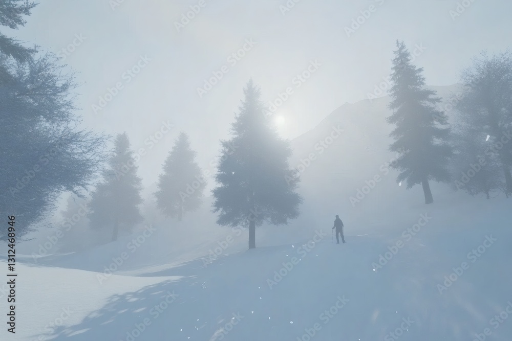 Obraz premium A solitary figure amidst a serene, snow-covered landscape during winter day