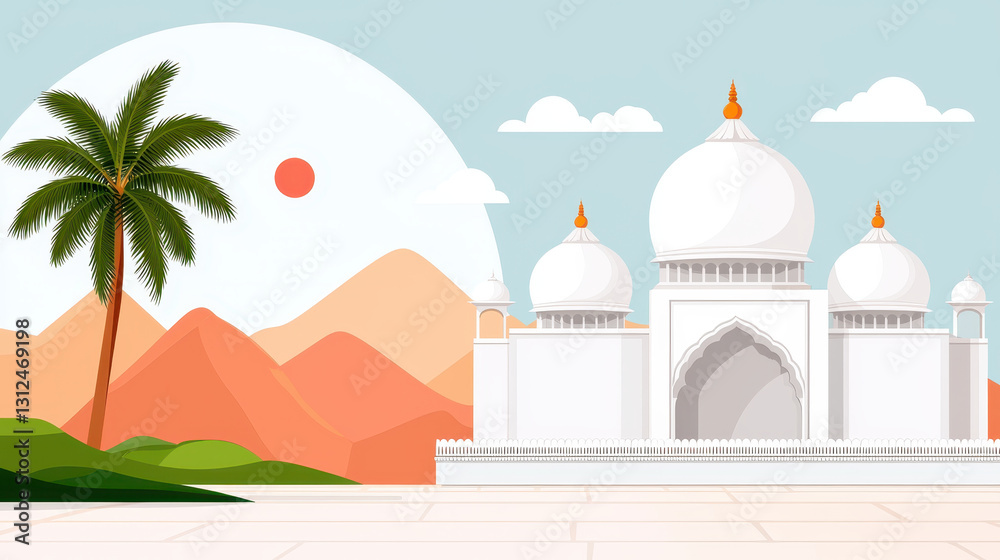 Fototapeta premium serene landscape featuring traditional white building, palm tree, and mountains. , Holi