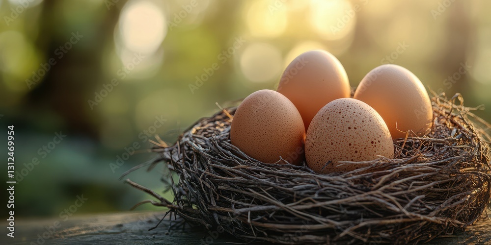 Nest containing four eggs with a natural background during daylight hours
