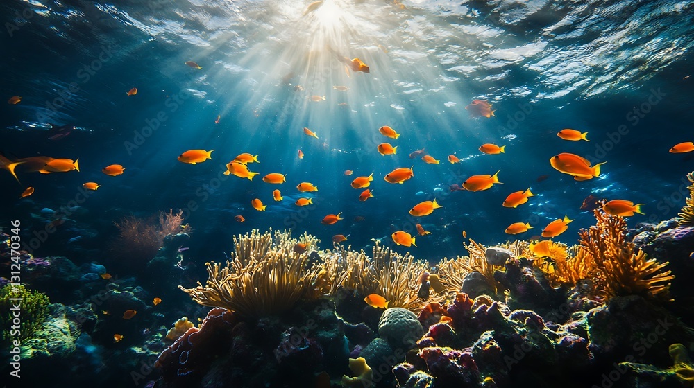 Obraz premium Underwater scene displaying vibrant coral reefs with swimming fish and sunlight