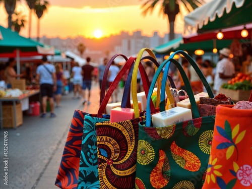 Colorful market bags displayed at sunset, filled with fresh goods. Perfect for travel blogs, retail promotions, this lively scene captures the essence of local markets and artisanal shopping