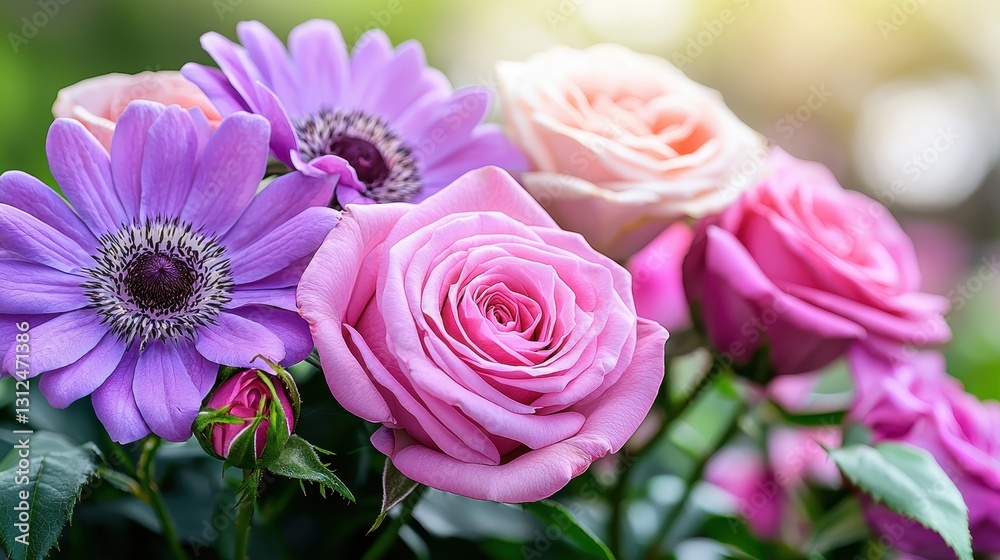 Fototapeta premium Beautiful Arrangement of Fresh Roses and Anemones in Soft Natural Lighting