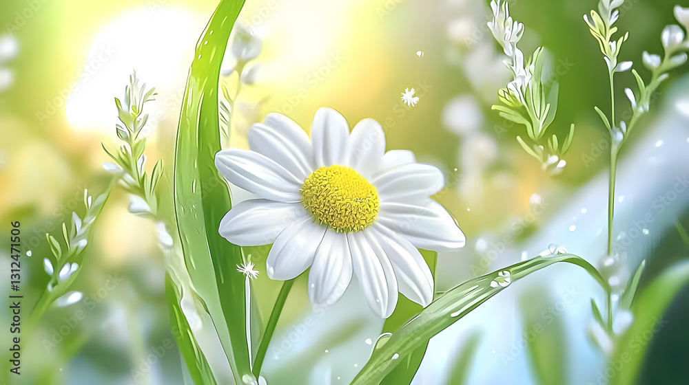 A Single White Daisy Surrounded By Green Plants and Flowers