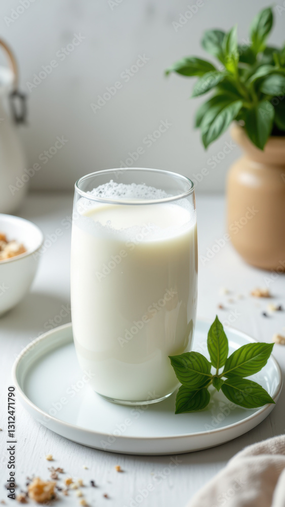 A glass filled with frothy milk, sitting on a round plate on a wooden table. A glass filled with frothy milk, sitting on a round plate on a wooden table.