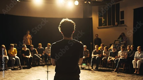 Young Man Performing on Stage, Center Stage Spotlight on a Talented Performer
