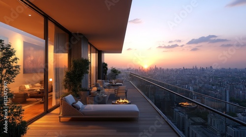 A modern luxurious balcony overlooks a vast cityscape at sunset photo
