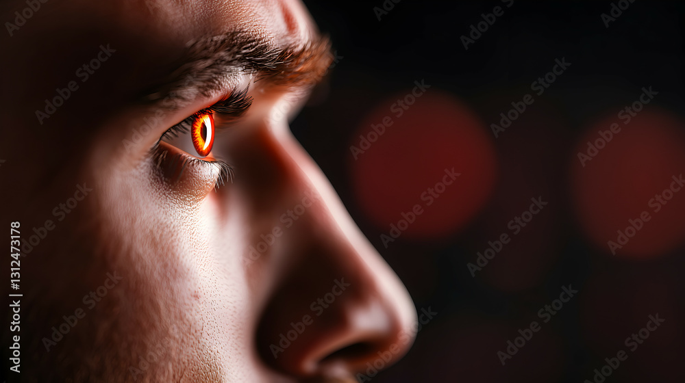 A close up of a person with bright orange eyes