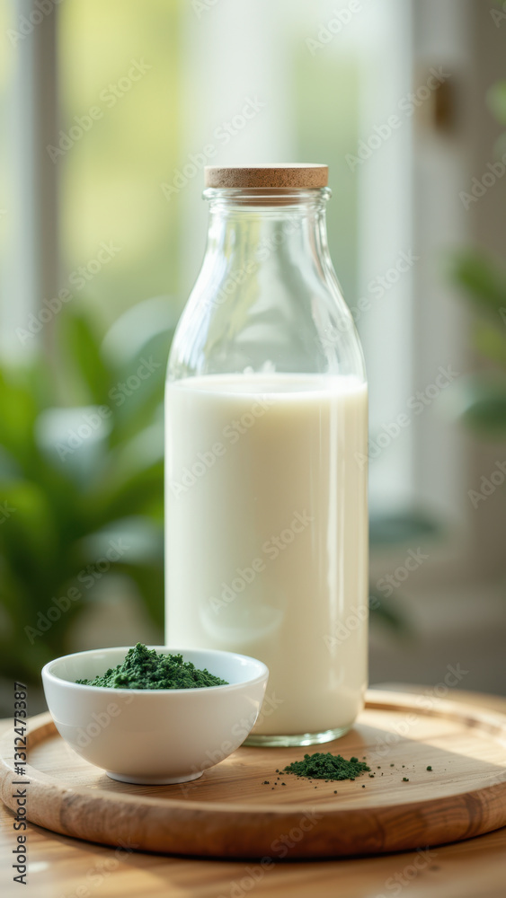 A bottle of whole milk on a wooden table with a bowl of herbs nearby. A bottle of whole milk on a wooden table with a bowl of herbs nearby.