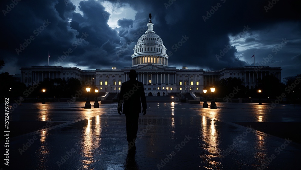 Fototapeta premium Mysterious Figure Walking Toward Capitol Building at Night