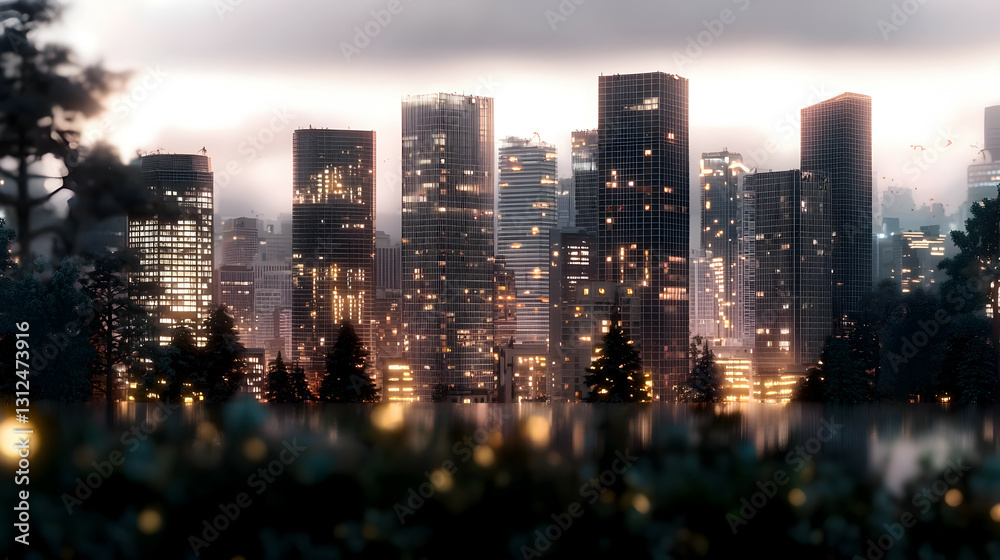 Illuminated city skyline reflecting its lights onto tranquil water bodies