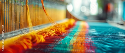 A detailed snapshot of the warp and weft in a weaving process, capturing the interplay of colors and the texture of the materials.