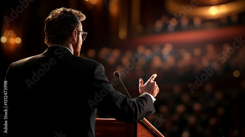 A man in a suit delivers a speech to an audience